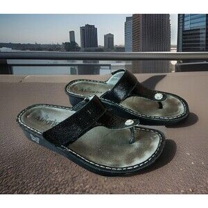 Algeria Leather Black Slide Thong Wedge Women’s Sandals Size 37 US 7